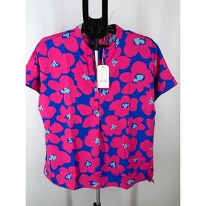 Emily Wonder Floral Split Neck Blouse Pink Blue‎ Short Sleeve Peplum Back M NEW